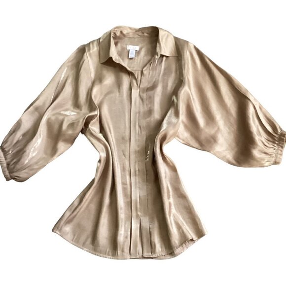 Chico's Gold Shimmer Tunic Top Sz 0 (S/4) Balloon Sleeve Collared 200M - Picture 1 of 7